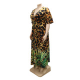 PlusSize Summer Women Tie Leaf Leopard Print Maxi Dress