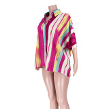 Women Sexy Short Front Back Long Casual Colorful Striped Loose Shirt
