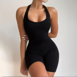 Women Solid Color Sexy Backless Halter Neck Jumpsuit