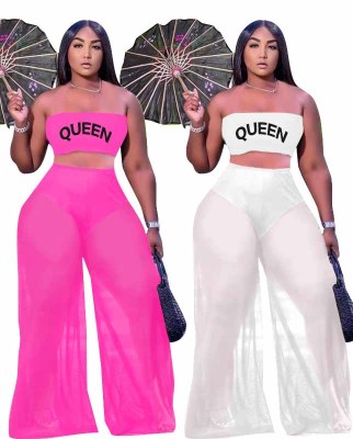 Women Summer Sexy Letter Print crop top + See-ThroughMesh Pant Two-Piece Set