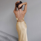 Sexy Strap Low Back Lace-Up Women'S Summer Solid Long Dress