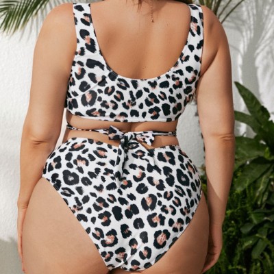 Bikini Cutout Tie Leopard Print Plus Size Two Pieces Sexy Swimsuit