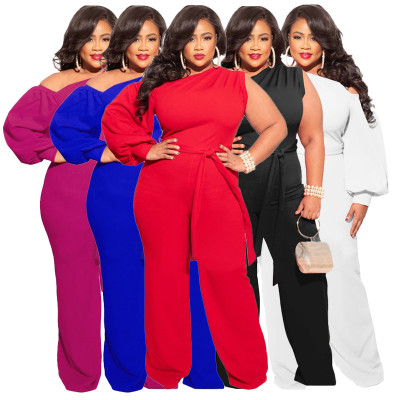 Fall Plus Size Women'S Slash Shoulder Single Sleeve Wide Leg Jumpsuit With Belt