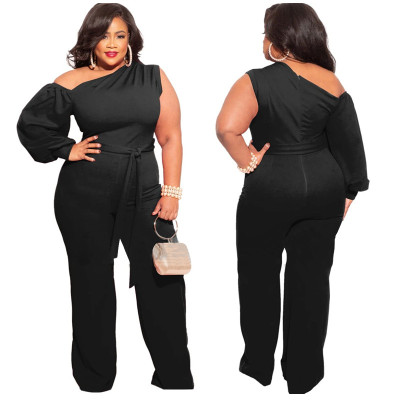 Fall Plus Size Women'S Slash Shoulder Single Sleeve Wide Leg Jumpsuit With Belt