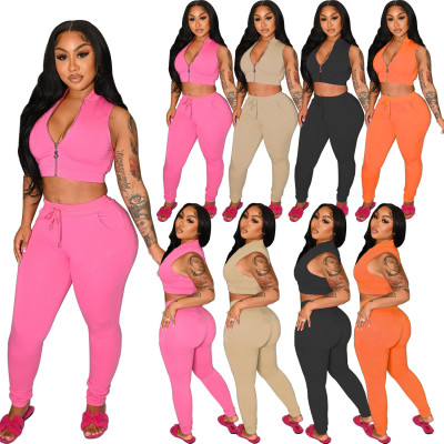 Women'S Solid Casual Zip Top Trousers Two Piece Sets