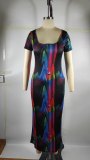 Women'S Spring/Summer Multi-Color Print U-Neck Short Sleeve Long Dress