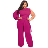 Fall Plus Size Women'S Slash Shoulder Single Sleeve Wide Leg Jumpsuit With Belt