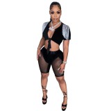 Women'S Fashion Casual Fringe Solid Color Tie Knot Two Piece Shorts Set