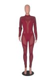 Women'S Mid Neck Sexy Long Sleeve See-Through Mesh Patchwork Jumpsuit