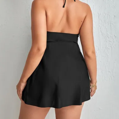 Plus Size Bikini Solid Low Back Tie Halter Neck One Piece Swimsuit Dress
