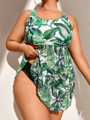 Tankini Digital Print Sunscreen Two Pieces Swimsuit Plus Size Swimwear