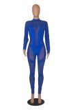 Women'S Mid Neck Sexy Long Sleeve See-Through Mesh Patchwork Jumpsuit