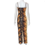 Women'S Summer Casual Snake Print Deep V Strap Slit Maxi Dress