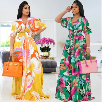 Women'S Printed V-Neck Short Sleeve Loose Long Dress