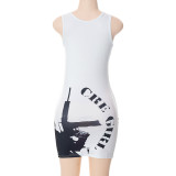 Women'S Summer Casual Sleeveless Printed V-Neck Slim Mid-Rise Mini Dress