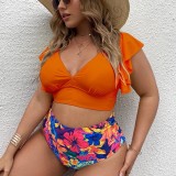 Ruffled Sleeve Solid Color High Waist Two Pieces Plus Size Swimsuit Women Bikini