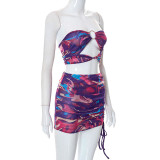 Women'S Summer Tie Dye Print Cutout Crop Sexy Bodycon Skirt Set