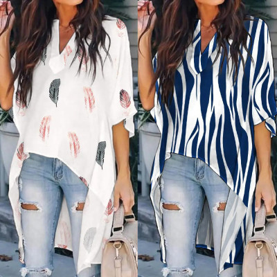 Summer Women'S Printed V-Neck Bat Sleeves Casual Loose Irregular Shirt