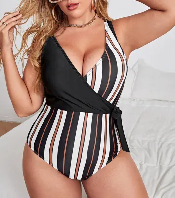 Plus Size Ladies One Piece Swimsuit Stripedwomen Swimwear