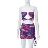 Women'S Summer Tie Dye Print Cutout Crop Sexy Bodycon Skirt Set