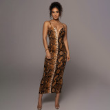 Women'S Summer Casual Snake Print Deep V Strap Slit Maxi Dress