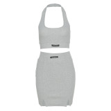 Spring Solid Halter Neck Crop Vest High Waist Bodycon Skirt Set