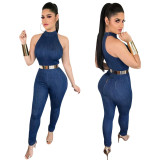 denim Round Neck Sleeveless Jumpsuit