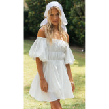 Sexy Off Shoulder Off Shoulder Puff Sleeves Elastic Waist Fresh Sweet Swing Dress