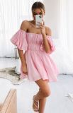 Sexy Off Shoulder Off Shoulder Puff Sleeves Elastic Waist Fresh Sweet Swing Dress