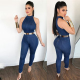 denim Round Neck Sleeveless Jumpsuit