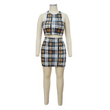Summer Sexy Plaid Print Casual Vest and Mini Skirt Suit