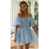 Sexy Off Shoulder Off Shoulder Puff Sleeves Elastic Waist Fresh Sweet Swing Dress