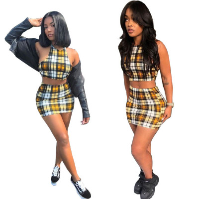 Summer Sexy Plaid Print Casual Vest and Mini Skirt Suit