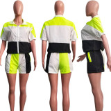 Turndown Collar Casual Sports Contrast Patchwork Half-Sleeve + Shorts Suit Women