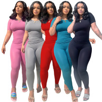 Plus Size Sports Two Piece Ribbed High Stretch Solid Color Suit Women