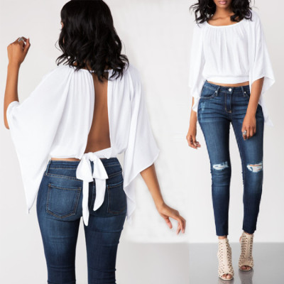 Sexy Open Back Bat Sleeves Casual Blouse