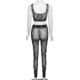Spring Women's Sexy Mesh See-Through Print Sleeveless Vest High Waist Trousers Suit Women