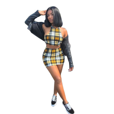 Summer Sexy Plaid Print Casual Vest and Mini Skirt Suit