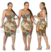 Women Fashion Casual Feather Print Slit Bodycon Dress