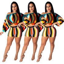 Women Sexy Striped Bubble Long Sleeve Top + Shorts Two-piece Set