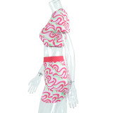 Women Print Contrast Color Round Neck Top + Mini Dress Two-piece Set