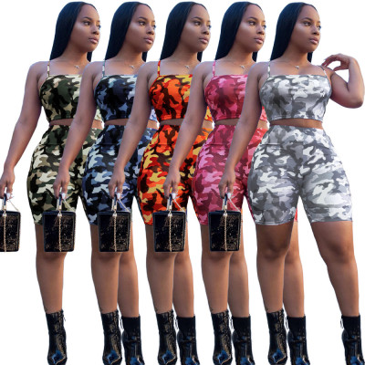 Women camouflage print crop top + shorts two-piece set