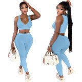 Ladies sexy solid color deep v sleeveless crop top+pant two-piece suit