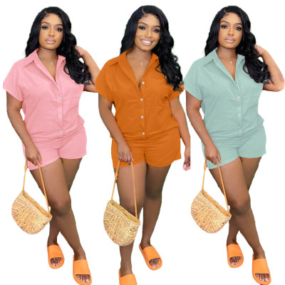 Women Casual Short Sleeve Shirt Collar Jumpsuit