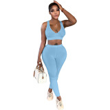 Ladies sexy solid color deep v sleeveless crop top+pant two-piece suit