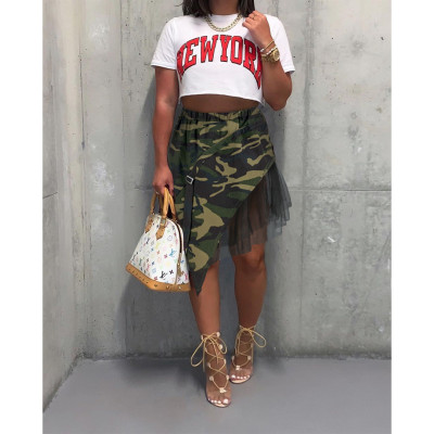 Women Casual Camo Mesh Irregular Skirt