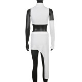 Women Solid Turtleneck Sleeveless Crop Top+Bodycon Irregular Skirt Two Piece
