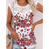 Women Summer Floral Print Round Neck Lace Casual Loose Top