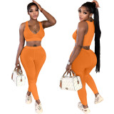 Ladies sexy solid color deep v sleeveless crop top+pant two-piece suit
