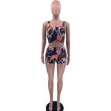 Women Summer Fashion Print Sleeveless Crop Top + Shorts Two Piece Set